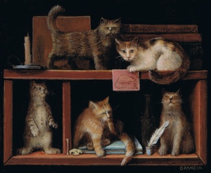 Miniature painting with cats on a bookshelf