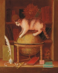 Still life with books and a cat standing on a world map