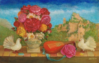 Eze Village landscape with bouquet, luth and fan-tailed pigeons