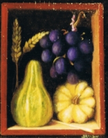 Miniature still life with gourds, grape and wheat corn
