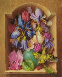 Still life with bouquet of flowers and bird