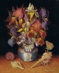 Miniature painting: still life with a bouquet of iris flowers and seashells