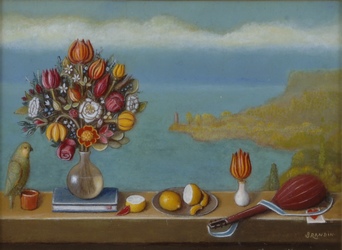 Sea landscape with bouquet, parrot, citrus, tulip and a lute