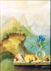 Landscape painting with murex shell and flowers vase