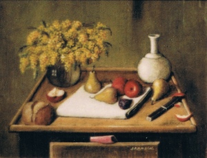Still life with a bouquet of mimosas and pears