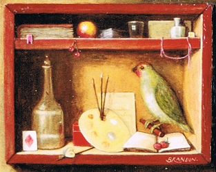 Box with parrot and painter's tools