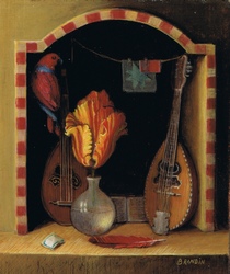 miniature with tulip flower, parrot, feather and musical instruments