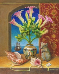 Still life with tobacco flowers in a vase, sea shells and a mouse